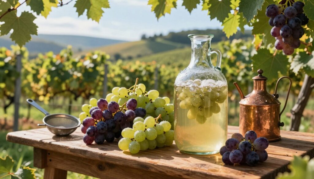 A rustic wooden table is set outdoors, showcasing a collection of ripe, freshly harvested grapes in various shades of deep purple and green, glistening with morning dew. In the foreground, a traditional glass carboy filled with bubbling grape must captures the viewer's eye, highlighting the fermentation process. Nearby, tools and ingredients for making bimber—a strainer, funnel, and small copper still—are artfully arranged. Soft, warm sunlight filters through the leaves of surrounding grapevines, creating a serene, inviting atmosphere. The background features a lush vineyard landscape, with rolling hills and a clear blue sky. The scene is lively yet tranquil, suggesting the sweet anticipation of crafting homemade bimber from grapes. A rustic wooden table is set outdoors, showcasing a collection of ripe, freshly harvested grapes in various shades of deep purple and green, glistening with morning dew. In the foreground, a traditional glass carboy filled with bubbling grape must captures the viewer's eye, highlighting the fermentation process. Nearby, tools and ingredients for making bimber—a strainer, funnel, and small copper still—are artfully arranged. Soft, warm sunlight filters through the leaves of surrounding grapevines, creating a serene, inviting atmosphere. The background features a lush vineyard landscape, with rolling hills and a clear blue sky. The scene is lively yet tranquil, suggesting the sweet anticipation of crafting homemade bimber from grapes.