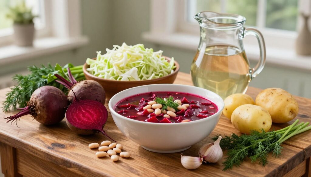 A rustic wooden table is the central focus, displaying an array of fresh and vibrant ingredients for a traditional Ukrainian borscht. In the foreground, showcase rich red beets, golden potatoes, and white beans nestled together with fresh dill and garlic cloves scattered around. In the middle, include a bowl filled with chopped cabbage and a pitcher of clear vegetable broth to emphasize the heartiness of the dish. The background should feature soft, natural light pouring in from a nearby window, casting gentle shadows and highlighting the textures of the ingredients. Capturing an inviting and homely atmosphere, this image evokes warmth and a sense of family, perfect for a cozy meal preparation scene. A rustic wooden table is the central focus, displaying an array of fresh and vibrant ingredients for a traditional Ukrainian borscht. In the foreground, showcase rich red beets, golden potatoes, and white beans nestled together with fresh dill and garlic cloves scattered around. In the middle, include a bowl filled with chopped cabbage and a pitcher of clear vegetable broth to emphasize the heartiness of the dish. The background should feature soft, natural light pouring in from a nearby window, casting gentle shadows and highlighting the textures of the ingredients. Capturing an inviting and homely atmosphere, this image evokes warmth and a sense of family, perfect for a cozy meal preparation scene.