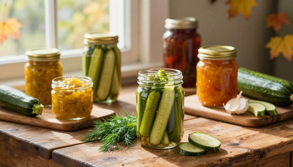 A rustic wooden table laden with a variety of home-canned zucchini preserves, such as jars of pickled zucchini spears, golden zucchini relish, and a vibrant zucchini chutney, all glistening under warm, soft sunlight that filters through a nearby window. In the foreground, a vintage, open jar of zucchini pickles showcases the bright green spears, with fresh herbs like dill and slices of garlic artfully arranged around it. The middle ground includes additional jars filled with colorful, homemade zucchini spreads and a small wooden cutting board with fresh zucchini and herbs. In the background, soft, blurred autumn leaves hint at the seasonal change, creating a cozy atmosphere perfect for winter evenings. The overall mood is warm and inviting, capturing the essence of homemade comfort foods. A rustic wooden table laden with a variety of home-canned zucchini preserves, such as jars of pickled zucchini spears, golden zucchini relish, and a vibrant zucchini chutney, all glistening under warm, soft sunlight that filters through a nearby window. In the foreground, a vintage, open jar of zucchini pickles showcases the bright green spears, with fresh herbs like dill and slices of garlic artfully arranged around it. The middle ground includes additional jars filled with colorful, homemade zucchini spreads and a small wooden cutting board with fresh zucchini and herbs. In the background, soft, blurred autumn leaves hint at the seasonal change, creating a cozy atmosphere perfect for winter evenings. The overall mood is warm and inviting, capturing the essence of homemade comfort foods.