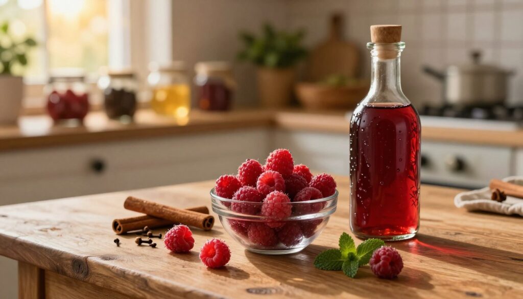 A rustic wooden table serves as the foreground, adorned with fresh, plump raspberries in a glass bowl, glistening with dew. Beside the bowl, a partially filled crystal bottle of malinka, showcasing its deep ruby hue, captures light beautifully. In the middle ground, an arrangement of assorted spices—cinnamon sticks, cloves, and a hint of fresh mint—adds depth to the composition. The background features a warm, softly lit kitchen with jarred ingredients and herbs, enhancing the homemade essence. A golden hour glow filters through a nearby window, casting soft shadows that evoke a cozy, inviting atmosphere. Focus on a shallow depth of field to emphasize the nalewka and fresh ingredients while creating a blurred, dreamy background. This setting speaks to the care and tradition involved in making homemade raspberry liqueur. A rustic wooden table serves as the foreground, adorned with fresh, plump raspberries in a glass bowl, glistening with dew. Beside the bowl, a partially filled crystal bottle of malinka, showcasing its deep ruby hue, captures light beautifully. In the middle ground, an arrangement of assorted spices—cinnamon sticks, cloves, and a hint of fresh mint—adds depth to the composition. The background features a warm, softly lit kitchen with jarred ingredients and herbs, enhancing the homemade essence. A golden hour glow filters through a nearby window, casting soft shadows that evoke a cozy, inviting atmosphere. Focus on a shallow depth of field to emphasize the nalewka and fresh ingredients while creating a blurred, dreamy background. This setting speaks to the care and tradition involved in making homemade raspberry liqueur.