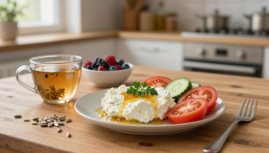 A rustic wooden table set for breakfast, featuring a beautifully arranged plate of twaróg (Polish curd cheese) topped with fresh herbs, drizzled with honey, and surrounded by vibrant slices of ripe tomatoes and crisp cucumbers. In the foreground, a calming mug of herbal tea rests beside the plate, while a light scattering of sunflower seeds adds texture. The middle ground includes a small white bowl filled with seasonal berries, and a soft-focus view of a cozy kitchen in the background, accented by warm, natural lighting pouring in from a nearby window. The atmosphere should evoke a peaceful morning vibe, inviting and nutritious, perfect for a quick breakfast. A rustic wooden table set for breakfast, featuring a beautifully arranged plate of twaróg (Polish curd cheese) topped with fresh herbs, drizzled with honey, and surrounded by vibrant slices of ripe tomatoes and crisp cucumbers. In the foreground, a calming mug of herbal tea rests beside the plate, while a light scattering of sunflower seeds adds texture. The middle ground includes a small white bowl filled with seasonal berries, and a soft-focus view of a cozy kitchen in the background, accented by warm, natural lighting pouring in from a nearby window. The atmosphere should evoke a peaceful morning vibe, inviting and nutritious, perfect for a quick breakfast.