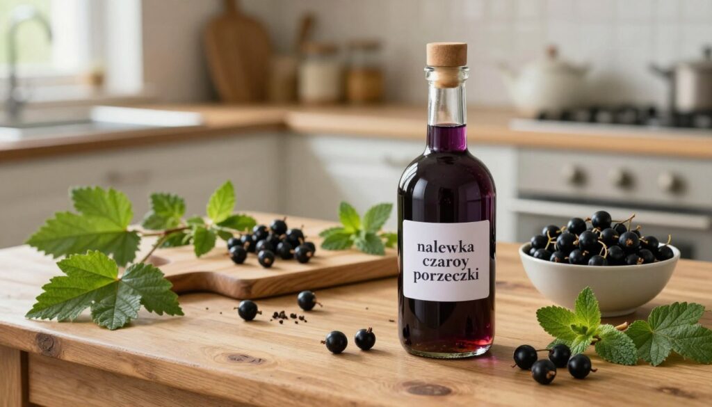 A rustic wooden table set in a cozy kitchen, decorated with lush green leaves and fresh blackcurrants. In the foreground, a glass bottle filled with deep purple "nalewka czarnej porzeczki," capturing the intense color and clarity of the liqueur, glimmering in soft ambient light. Next to it, a bowl brimming with ripe blackcurrants and sprigs of mint. In the middle ground, a chopping board with fresh fruits being prepared for infusion, with a few scattered herbs and spices artistically arranged. The background features an inviting kitchen atmosphere with soft natural light filtering through a window, creating a warm and inviting mood, perfect for crafting traditional homemade liqueurs. A rustic wooden table set in a cozy kitchen, decorated with lush green leaves and fresh blackcurrants. In the foreground, a glass bottle filled with deep purple "nalewka czarnej porzeczki," capturing the intense color and clarity of the liqueur, glimmering in soft ambient light. Next to it, a bowl brimming with ripe blackcurrants and sprigs of mint. In the middle ground, a chopping board with fresh fruits being prepared for infusion, with a few scattered herbs and spices artistically arranged. The background features an inviting kitchen atmosphere with soft natural light filtering through a window, creating a warm and inviting mood, perfect for crafting traditional homemade liqueurs.