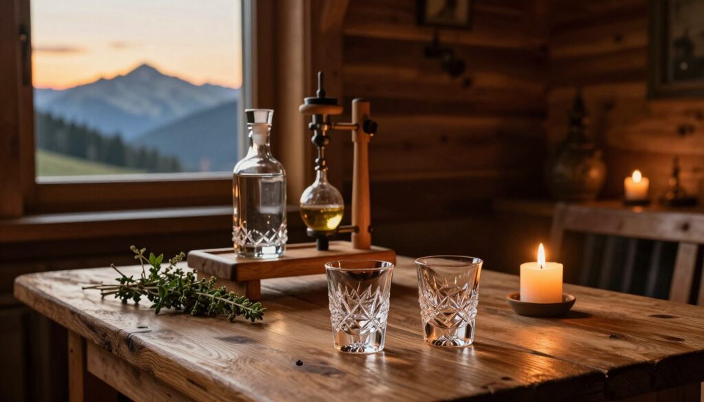 A rustic wooden table set in a cozy mountain cabin exudes a warm, inviting atmosphere. In the foreground, finely crafted crystal shot glasses filled with clear, homemade bimber glint in the soft, warm candlelight. The middle layer features traditional wooden distillation equipment, showcasing the craftsmanship behind this regional spirit, alongside sprigs of fresh herbs that complement the drink. The background portrays the scenic peaks of the Tatra Mountains visible through a rustic window, silhouetted against a golden sunset, adding depth to the scene. The warm light creates a welcoming ambiance, perfect for tasting this regional delicacy. This image captures the tradition and experience of serving and savoring bimber góralski, evoking a sense of authenticity and connection to the heritage of the region. A rustic wooden table set in a cozy mountain cabin exudes a warm, inviting atmosphere. In the foreground, finely crafted crystal shot glasses filled with clear, homemade bimber glint in the soft, warm candlelight. The middle layer features traditional wooden distillation equipment, showcasing the craftsmanship behind this regional spirit, alongside sprigs of fresh herbs that complement the drink. The background portrays the scenic peaks of the Tatra Mountains visible through a rustic window, silhouetted against a golden sunset, adding depth to the scene. The warm light creates a welcoming ambiance, perfect for tasting this regional delicacy. This image captures the tradition and experience of serving and savoring bimber góralski, evoking a sense of authenticity and connection to the heritage of the region.