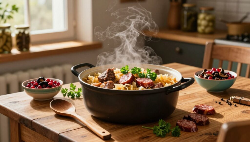 A rustic wooden table set in a warmly lit kitchen showcases a generous, steaming pot of bigos, the traditional Polish dish. The pot, rich with chopped cabbage and various meats, is surrounded by vibrant garnishes like fresh parsley and slices of smoky sausage. The foreground features a wooden spoon resting beside the pot, while in the middle ground, colorful bowls of add-ins like dried mushrooms, cranberries, and spices await incorporation into the dish. Soft golden light streams in from a nearby window, casting gentle shadows and enhancing the atmosphere of warmth and comfort. In the background, shelves lined with jars of pickles and herbs create a homely backdrop, evoking a sense of traditional cooking. The overall mood is inviting and hearty, perfect for illustrating the rich flavors of bigos. A rustic wooden table set in a warmly lit kitchen showcases a generous, steaming pot of bigos, the traditional Polish dish. The pot, rich with chopped cabbage and various meats, is surrounded by vibrant garnishes like fresh parsley and slices of smoky sausage. The foreground features a wooden spoon resting beside the pot, while in the middle ground, colorful bowls of add-ins like dried mushrooms, cranberries, and spices await incorporation into the dish. Soft golden light streams in from a nearby window, casting gentle shadows and enhancing the atmosphere of warmth and comfort. In the background, shelves lined with jars of pickles and herbs create a homely backdrop, evoking a sense of traditional cooking. The overall mood is inviting and hearty, perfect for illustrating the rich flavors of bigos.