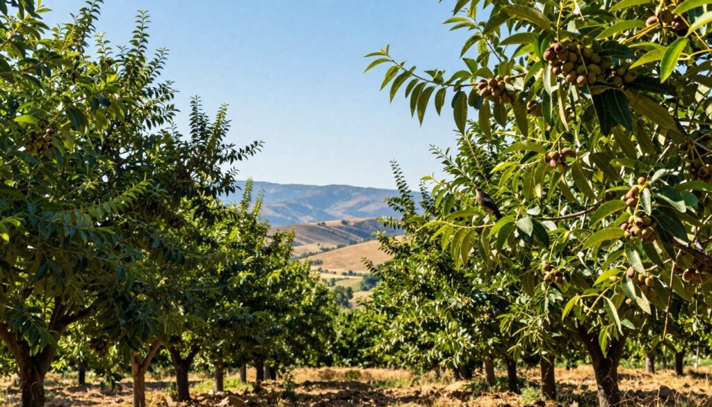 A scenic view showcasing a pistachio orchard under a bright blue sky. In the foreground, lush green pistachio trees with sun-dappled leaves, their branches heavy with unripe pistachio nuts. Birds can be seen perched on the branches, adding life to the scene. The middle ground features rolling hills characteristic of Mediterranean landscapes, bathed in warm sunlight. In the background, distant mountains create a picturesque backdrop, subtly blurred to add depth. The lighting should be soft, evoking a serene and tranquil atmosphere, reminiscent of a sunny afternoon. Use a wide-angle lens perspective to capture the expanse of the orchard while maintaining a focus on the vibrant colors of the pistachio trees, embodying a sense of abundance and nature's bounty. A scenic view showcasing a pistachio orchard under a bright blue sky. In the foreground, lush green pistachio trees with sun-dappled leaves, their branches heavy with unripe pistachio nuts. Birds can be seen perched on the branches, adding life to the scene. The middle ground features rolling hills characteristic of Mediterranean landscapes, bathed in warm sunlight. In the background, distant mountains create a picturesque backdrop, subtly blurred to add depth. The lighting should be soft, evoking a serene and tranquil atmosphere, reminiscent of a sunny afternoon. Use a wide-angle lens perspective to capture the expanse of the orchard while maintaining a focus on the vibrant colors of the pistachio trees, embodying a sense of abundance and nature's bounty.