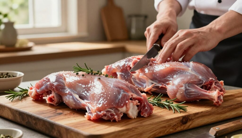 A selection of fresh rabbit meat displayed on a rustic wooden cutting board, focusing on the tender cuts and whole rabbit carcass. The foreground features glistening pieces of marinated rabbit, garnished with aromatic herbs like rosemary and thyme. In the middle, a chef's hand holds a knife, preparing to cut through the meat with precision. Behind, a warm, inviting kitchen atmosphere with soft natural light streaming through a window, casting gentle shadows. A variety of cooking utensils and fresh vegetables are subtly arranged in the background, enhancing the culinary theme. The mood is warm and inviting, emphasizing a homely and professional culinary environment, perfect for preparing delicate rabbit dishes. A selection of fresh rabbit meat displayed on a rustic wooden cutting board, focusing on the tender cuts and whole rabbit carcass. The foreground features glistening pieces of marinated rabbit, garnished with aromatic herbs like rosemary and thyme. In the middle, a chef's hand holds a knife, preparing to cut through the meat with precision. Behind, a warm, inviting kitchen atmosphere with soft natural light streaming through a window, casting gentle shadows. A variety of cooking utensils and fresh vegetables are subtly arranged in the background, enhancing the culinary theme. The mood is warm and inviting, emphasizing a homely and professional culinary environment, perfect for preparing delicate rabbit dishes.