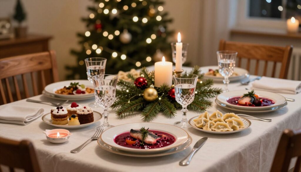 A serene Christmas Eve dinner setting, with a beautifully arranged wooden dining table covered in a white tablecloth. In the foreground, a hand-crafted plate showcases traditional Polish dishes like beet soup, fish, pierogi, and a variety of festive desserts. Crystal glasses glimmer, filled with sparkling water and mulled wine, reflecting soft, warm candlelight. In the middle, vibrant green spruce branches and decoratively placed ornaments add a touch of holiday spirit, while a small, elegantly lit Christmas tree looms in the background. The scene captures cozy, inviting ambient lighting with a slight bokeh effect. The mood is calm and festive, perfect for a family gathering, emphasizing the joy of planning a meaningful Christmas meal in advance. A serene Christmas Eve dinner setting, with a beautifully arranged wooden dining table covered in a white tablecloth. In the foreground, a hand-crafted plate showcases traditional Polish dishes like beet soup, fish, pierogi, and a variety of festive desserts. Crystal glasses glimmer, filled with sparkling water and mulled wine, reflecting soft, warm candlelight. In the middle, vibrant green spruce branches and decoratively placed ornaments add a touch of holiday spirit, while a small, elegantly lit Christmas tree looms in the background. The scene captures cozy, inviting ambient lighting with a slight bokeh effect. The mood is calm and festive, perfect for a family gathering, emphasizing the joy of planning a meaningful Christmas meal in advance.