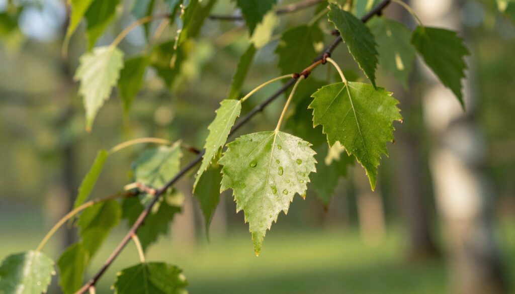 A serene and detailed close-up composition of birch leaves, showcasing their distinctive shape and vibrant green color, set against a soft, blurred background of a sunlit forest. The foreground features the jagged edges and fine texture of the leaves, glistening with morning dew, capturing the essence of nature. The middle ground presents the subtle interplay of light and shadow filtering through the branches, emphasizing the tranquility of the scene. The background hints at softly focused trees, enhancing the peaceful atmosphere. The image should be illuminated by gentle, diffused sunlight, creating a warm and inviting mood. Use a macro lens effect to highlight the intricate details of the leaves, ensuring clarity and vibrancy without any text or watermarks. A serene and detailed close-up composition of birch leaves, showcasing their distinctive shape and vibrant green color, set against a soft, blurred background of a sunlit forest. The foreground features the jagged edges and fine texture of the leaves, glistening with morning dew, capturing the essence of nature. The middle ground presents the subtle interplay of light and shadow filtering through the branches, emphasizing the tranquility of the scene. The background hints at softly focused trees, enhancing the peaceful atmosphere. The image should be illuminated by gentle, diffused sunlight, creating a warm and inviting mood. Use a macro lens effect to highlight the intricate details of the leaves, ensuring clarity and vibrancy without any text or watermarks.