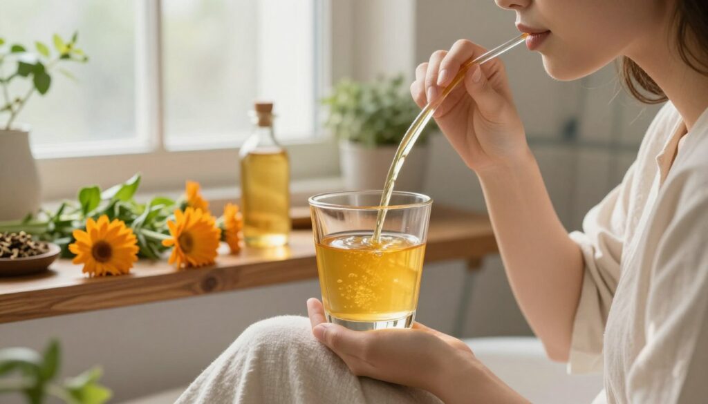 A serene bathroom setting, featuring a clear glass tumbler filled with a vibrant golden liquid, representing a calendula tincture. In the foreground, a relaxed individual in modest casual clothing, gently swirling the tincture in their mouth, with a look of tranquility and health. The middle ground focuses on a small wooden shelf, displaying fresh calendula flowers and herbal ingredients used in the tincture, augmented by soft morning light filtering through a frosted window, creating a warm and inviting atmosphere. The background showcases subtle bathroom elements, like plants and natural decor, enhancing the feeling of wellness and self-care. The overall mood is calming and nurturing, ideal for a health-focused lifestyle article. A serene bathroom setting, featuring a clear glass tumbler filled with a vibrant golden liquid, representing a calendula tincture. In the foreground, a relaxed individual in modest casual clothing, gently swirling the tincture in their mouth, with a look of tranquility and health. The middle ground focuses on a small wooden shelf, displaying fresh calendula flowers and herbal ingredients used in the tincture, augmented by soft morning light filtering through a frosted window, creating a warm and inviting atmosphere. The background showcases subtle bathroom elements, like plants and natural decor, enhancing the feeling of wellness and self-care. The overall mood is calming and nurturing, ideal for a health-focused lifestyle article.