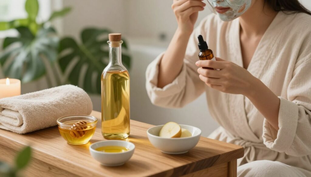 A serene bathroom setting showcasing apple cider vinegar as a natural skincare and haircare solution. In the foreground, a elegantly arranged wooden vanity features a glass bottle of apple cider vinegar alongside small bowls filled with natural ingredients like honey and olive oil. A soft, fluffy towel and a calming candle add a spa-like ambiance. The middle ground showcases a person, dressed in modest, relaxed clothing, gently applying a face mask while holding a bottle of vinegar. The background hints at lush green plants, adding a touch of nature. Soft, warm lighting creates a tranquil atmosphere, emphasizing the soothing and rejuvenating qualities of apple cider vinegar for skin and hair care. The angle is slightly overhead, capturing the harmony of the scene without text or distractions. A serene bathroom setting showcasing apple cider vinegar as a natural skincare and haircare solution. In the foreground, a elegantly arranged wooden vanity features a glass bottle of apple cider vinegar alongside small bowls filled with natural ingredients like honey and olive oil. A soft, fluffy towel and a calming candle add a spa-like ambiance. The middle ground showcases a person, dressed in modest, relaxed clothing, gently applying a face mask while holding a bottle of vinegar. The background hints at lush green plants, adding a touch of nature. Soft, warm lighting creates a tranquil atmosphere, emphasizing the soothing and rejuvenating qualities of apple cider vinegar for skin and hair care. The angle is slightly overhead, capturing the harmony of the scene without text or distractions.