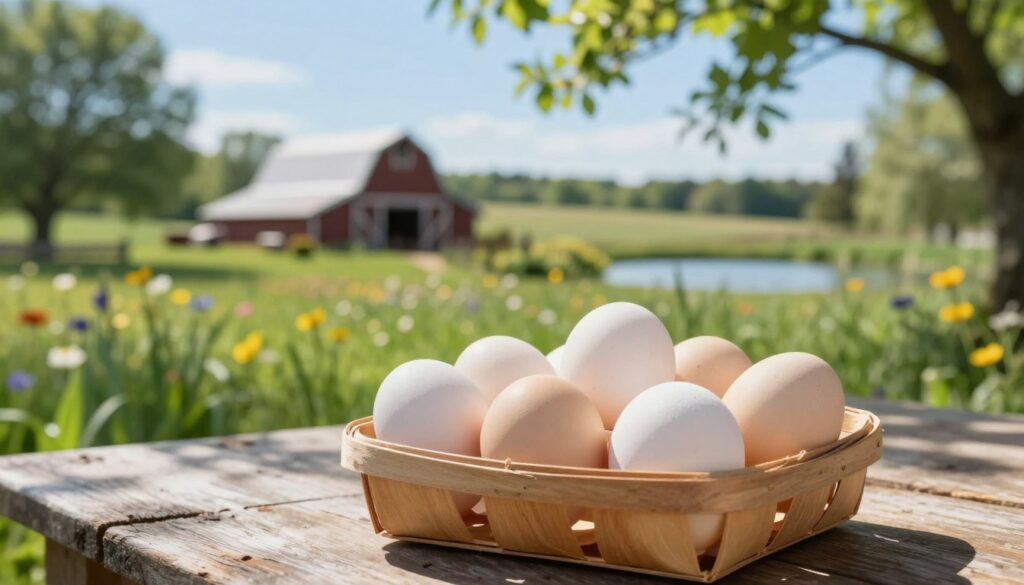 A serene farm scene showcasing a selection of duck eggs in a rustic wooden basket, placed on a weathered table with soft sunlight filtering through leafy trees overhead. In the foreground, the focus is on the duck eggs, varying in shades from creamy white to light beige, with subtle textures highlighted by the gentle natural light. The middle ground features lush green grass and vibrant wildflowers dotting the landscape, while the background reveals a quaint barn and a tranquil pond under a clear blue sky. The mood is peaceful and idyllic, evoking a sense of rural charm and emphasizing the theme of availability. A shallow depth of field gently blurs the background, creating a soft focus on the eggs, enhancing their importance in the foreground.