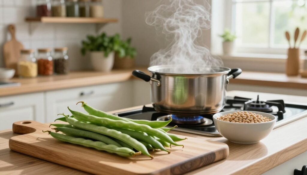 A serene kitchen scene focused on the preparation of beans, with a wooden cutting board in the foreground displaying freshly washed, vibrant green beans next to a bowl of raw, dry beans. In the middle, a pot of boiling water sits on a stove, with steam rising gently. A well-organized kitchen backdrop features shelves filled with jars of spices and fresh herbs. Natural light streams in from a window, casting soft shadows and creating a warm, inviting atmosphere. The angle is slightly elevated, capturing the details of the cooking process. The overall mood is calm and wholesome, emphasizing the essence of healthy food preparation—encouraging viewers to appreciate the importance of safe food handling. A serene kitchen scene focused on the preparation of beans, with a wooden cutting board in the foreground displaying freshly washed, vibrant green beans next to a bowl of raw, dry beans. In the middle, a pot of boiling water sits on a stove, with steam rising gently. A well-organized kitchen backdrop features shelves filled with jars of spices and fresh herbs. Natural light streams in from a window, casting soft shadows and creating a warm, inviting atmosphere. The angle is slightly elevated, capturing the details of the cooking process. The overall mood is calm and wholesome, emphasizing the essence of healthy food preparation—encouraging viewers to appreciate the importance of safe food handling.