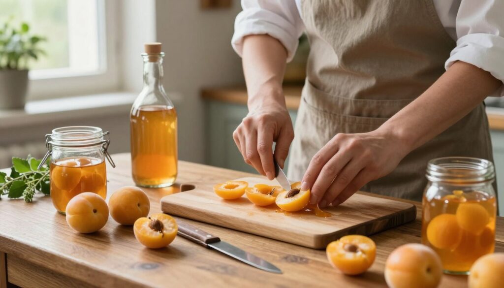 A serene kitchen scene focused on the process of preparing mirabelle plum liqueur, emphasizing safety and quality. In the foreground, a wooden table displays ripe, golden mirabelle plums with their pits, surrounded by essential tools like a cutting board, knife, and a glass jar. The middle ground features a process of careful preparation, with hands in professional attire meticulously slicing the plums, showcasing attention to detail. In the background, soft, natural light filters through a window, illuminating a rustic setting with herbs and fermentation supplies, creating a warm and inviting atmosphere. The overall mood conveys a blend of tradition and safety, highlighting the importance of selecting high-quality ingredients for a deliciously crafted beverage. A serene kitchen scene focused on the process of preparing mirabelle plum liqueur, emphasizing safety and quality. In the foreground, a wooden table displays ripe, golden mirabelle plums with their pits, surrounded by essential tools like a cutting board, knife, and a glass jar. The middle ground features a process of careful preparation, with hands in professional attire meticulously slicing the plums, showcasing attention to detail. In the background, soft, natural light filters through a window, illuminating a rustic setting with herbs and fermentation supplies, creating a warm and inviting atmosphere. The overall mood conveys a blend of tradition and safety, highlighting the importance of selecting high-quality ingredients for a deliciously crafted beverage.