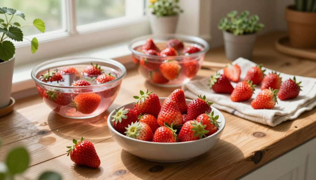 A serene kitchen scene highlighting natural methods of thawing strawberries. In the foreground, a rustic wooden countertop features a bowl of fresh, vibrant strawberries being gently arranged, some partially thawed, showing their juicy texture. The middle ground showcases a variety of thawing techniques: a bowl of strawberries submerged in cool water, a bowl set on a sunny windowsill, and strawberries spread on a clean cloth to air dry. The background is softly blurred, with botanical elements like green leaves or small potted herbs enhancing the natural ambiance. Soft, natural lighting filters in, casting gentle shadows and creating a warm, inviting atmosphere. The mood is calm and homely, emphasizing a natural, wholesome approach to food preparation. A serene kitchen scene highlighting natural methods of thawing strawberries. In the foreground, a rustic wooden countertop features a bowl of fresh, vibrant strawberries being gently arranged, some partially thawed, showing their juicy texture. The middle ground showcases a variety of thawing techniques: a bowl of strawberries submerged in cool water, a bowl set on a sunny windowsill, and strawberries spread on a clean cloth to air dry. The background is softly blurred, with botanical elements like green leaves or small potted herbs enhancing the natural ambiance. Soft, natural lighting filters in, casting gentle shadows and creating a warm, inviting atmosphere. The mood is calm and homely, emphasizing a natural, wholesome approach to food preparation.
