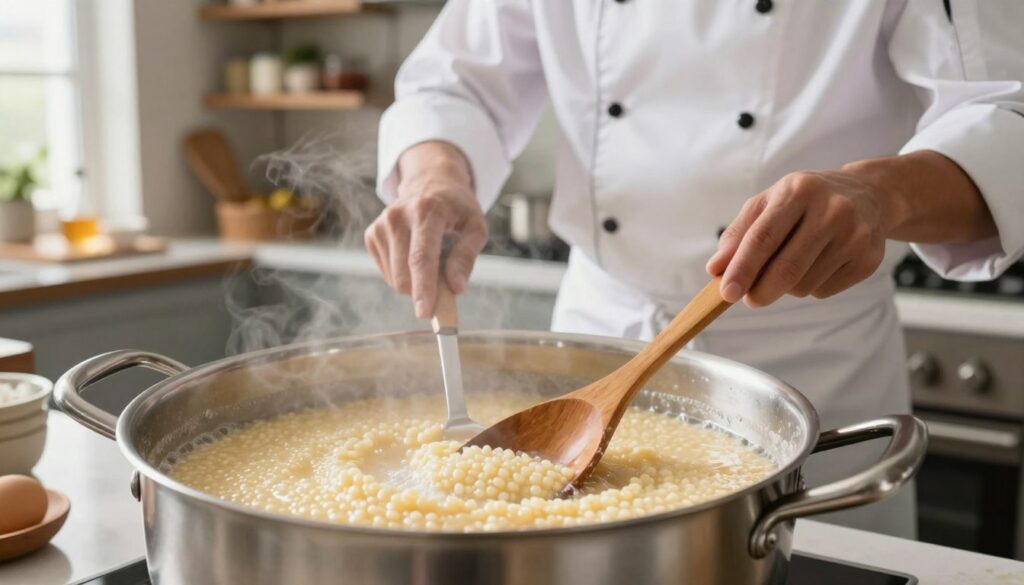 A serene kitchen scene illustrating the techniques for cooking semolina porridge without lumps. In the foreground, a large, stainless steel pot with creamy, smooth semolina porridge gently bubbling, steam rising, showcasing its perfect consistency. A wooden spoon is stirring the mixture, capturing the process of achieving a lump-free texture. In the middle ground, a professional chef, dressed in a white chef's jacket and apron, is attentively watching the pot, ensuring the porridge is cooked just right. The background features a well-organized kitchen with shelves full of ingredients and cooking utensils, bathed in warm, natural lighting coming from a window. The atmosphere is calm and inviting, emphasizing the mastery of cooking techniques. A serene kitchen scene illustrating the techniques for cooking semolina porridge without lumps. In the foreground, a large, stainless steel pot with creamy, smooth semolina porridge gently bubbling, steam rising, showcasing its perfect consistency. A wooden spoon is stirring the mixture, capturing the process of achieving a lump-free texture. In the middle ground, a professional chef, dressed in a white chef's jacket and apron, is attentively watching the pot, ensuring the porridge is cooked just right. The background features a well-organized kitchen with shelves full of ingredients and cooking utensils, bathed in warm, natural lighting coming from a window. The atmosphere is calm and inviting, emphasizing the mastery of cooking techniques.