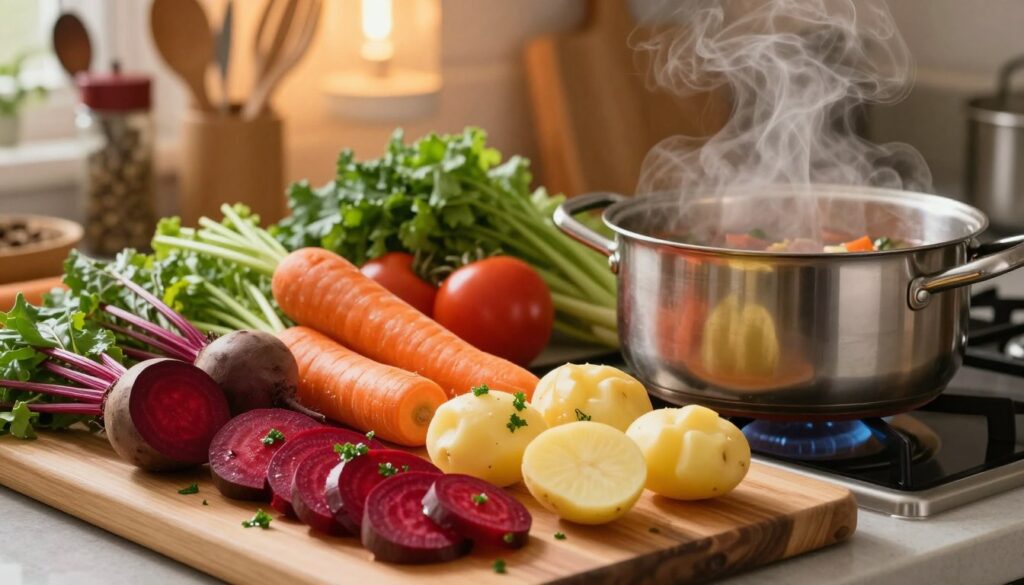 A serene kitchen scene showcasing the stages of cooking vegetables for a hearty Ukrainian borscht. In the foreground, a wooden cutting board displays neatly chopped root vegetables like beets, carrots, and potatoes, glistening with fresh herbs. A stainless steel pot simmering on the stove emits gentle steam, hinting at simmering flavors. In the middle, an array of colorful vegetables is artistically arranged, with vibrant reds and greens creating a visually appealing composition. The background features warm lighting that casts a cozy glow over the kitchen, with utensils and spices adding depth. The mood is inviting and homely, perfect for a family meal preparation, with a shallow depth of field highlighting the vegetables. A serene kitchen scene showcasing the stages of cooking vegetables for a hearty Ukrainian borscht. In the foreground, a wooden cutting board displays neatly chopped root vegetables like beets, carrots, and potatoes, glistening with fresh herbs. A stainless steel pot simmering on the stove emits gentle steam, hinting at simmering flavors. In the middle, an array of colorful vegetables is artistically arranged, with vibrant reds and greens creating a visually appealing composition. The background features warm lighting that casts a cozy glow over the kitchen, with utensils and spices adding depth. The mood is inviting and homely, perfect for a family meal preparation, with a shallow depth of field highlighting the vegetables.
