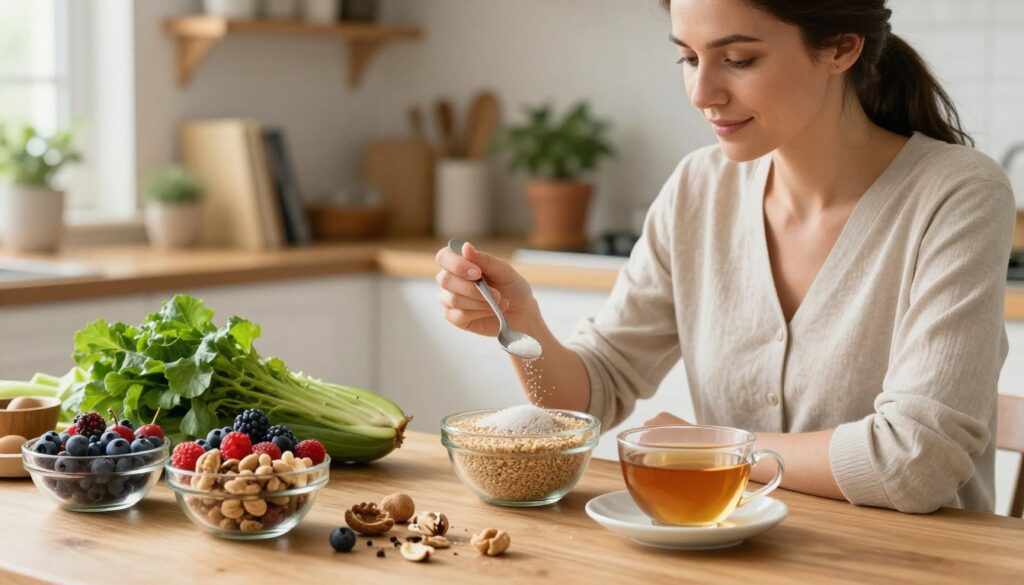 A serene kitchen setting bathed in warm, natural light, filled with healthy ingredients and a focus on stevia as a sugar substitute. In the foreground, a professional-looking woman, dressed in modest casual attire, is carefully measuring stevia with a spoon beside a bowl of fresh berries and a cup of herbal tea. In the middle, a wooden table showcases a selection of diabetes-friendly foods, including whole grains, nuts, and leafy greens, arranged artfully. The background features soft-focus shelves with cookbooks and plants, creating a cozy yet sophisticated atmosphere. The overall mood is uplifting and encouraging, showcasing a balanced lifestyle for those managing diabetes. The angle captures the woman's concentration and the vibrant colors of the ingredients to emphasize health and well-being. A serene kitchen setting bathed in warm, natural light, filled with healthy ingredients and a focus on stevia as a sugar substitute. In the foreground, a professional-looking woman, dressed in modest casual attire, is carefully measuring stevia with a spoon beside a bowl of fresh berries and a cup of herbal tea. In the middle, a wooden table showcases a selection of diabetes-friendly foods, including whole grains, nuts, and leafy greens, arranged artfully. The background features soft-focus shelves with cookbooks and plants, creating a cozy yet sophisticated atmosphere. The overall mood is uplifting and encouraging, showcasing a balanced lifestyle for those managing diabetes. The angle captures the woman's concentration and the vibrant colors of the ingredients to emphasize health and well-being.