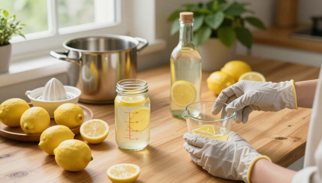 A serene kitchen setting, featuring a large wooden table adorned with fresh lemons, a glass jar filled with homemade lemon liqueur, and a measuring cup. In the foreground, a pair of hands carefully measures out ingredients, showcasing safety gear like gloves. The middle ground displays an organized array of brewing essentials, including a stainless steel pot and citrus juicer, all illuminated by warm, soft natural light coming from a nearby window. In the background, vibrant greenery is visible, creating a sense of freshness and health-consciousness. The mood is inviting yet responsible, emphasizing safety and moderation in alcohol consumption, with a focus on the enjoyment of homemade beverages. The angle captures the scene from a slightly elevated perspective, providing depth and clarity. A serene kitchen setting, featuring a large wooden table adorned with fresh lemons, a glass jar filled with homemade lemon liqueur, and a measuring cup. In the foreground, a pair of hands carefully measures out ingredients, showcasing safety gear like gloves. The middle ground displays an organized array of brewing essentials, including a stainless steel pot and citrus juicer, all illuminated by warm, soft natural light coming from a nearby window. In the background, vibrant greenery is visible, creating a sense of freshness and health-consciousness. The mood is inviting yet responsible, emphasizing safety and moderation in alcohol consumption, with a focus on the enjoyment of homemade beverages. The angle captures the scene from a slightly elevated perspective, providing depth and clarity.