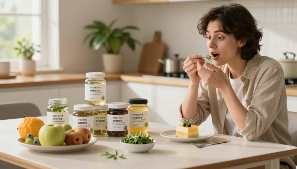 A serene kitchen setting showcasing a modern dining table with a variety of healthy food items, including fresh fruits and a small bowl of stevia leaves. In the foreground, a thoughtful individual in smart casual attire is tasting a dessert sweetened with stevia, displaying a pleasantly surprised expression. In the middle ground, various jars labeled with user testimonials about stevia are artistically arranged, conveying positive opinions. Soft, warm lighting filters through a window, casting gentle shadows and creating a welcoming atmosphere. The background features a lush plant, symbolizing the natural origins of stevia, enhancing the image’s connection to health and wellness. The overall mood is uplifting and informative, inviting viewers to consider stevia as a viable dietary alternative. A serene kitchen setting showcasing a modern dining table with a variety of healthy food items, including fresh fruits and a small bowl of stevia leaves. In the foreground, a thoughtful individual in smart casual attire is tasting a dessert sweetened with stevia, displaying a pleasantly surprised expression. In the middle ground, various jars labeled with user testimonials about stevia are artistically arranged, conveying positive opinions. Soft, warm lighting filters through a window, casting gentle shadows and creating a welcoming atmosphere. The background features a lush plant, symbolizing the natural origins of stevia, enhancing the image’s connection to health and wellness. The overall mood is uplifting and informative, inviting viewers to consider stevia as a viable dietary alternative.