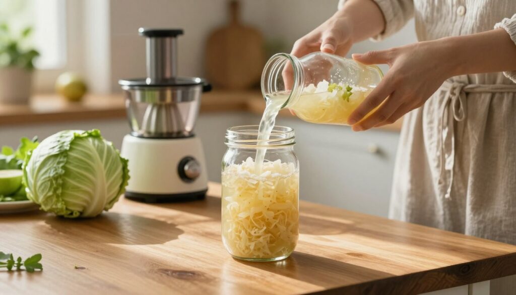 A serene kitchen setting with a polished wooden table in the foreground, showcasing a glass jar filled with freshly made sauerkraut juice, glistening in natural sunlight. A person in modest casual clothing, gently pouring the juice into a small, clear glass, exuding a sense of calm focus on the benefits of healthy living. In the middle ground, there are vibrant green cabbages and a vintage juicer, emphasizing the freshness and natural ingredients. The background features soft-focus kitchen elements such as herbs and fruits, creating a warm, inviting atmosphere. The lighting is bright yet soft, enveloping the scene in a wholesome glow, suggesting nourishment and wellbeing. A serene kitchen setting with a polished wooden table in the foreground, showcasing a glass jar filled with freshly made sauerkraut juice, glistening in natural sunlight. A person in modest casual clothing, gently pouring the juice into a small, clear glass, exuding a sense of calm focus on the benefits of healthy living. In the middle ground, there are vibrant green cabbages and a vintage juicer, emphasizing the freshness and natural ingredients. The background features soft-focus kitchen elements such as herbs and fruits, creating a warm, inviting atmosphere. The lighting is bright yet soft, enveloping the scene in a wholesome glow, suggesting nourishment and wellbeing.
