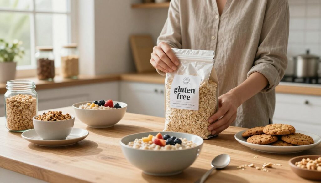 A serene kitchen setting with natural light streaming through a window, highlighting a wooden table adorned with a variety of gluten-free oats dishes, such as oatmeal bowls, oat cookies, and granola. In the foreground, a close-up of a bowl filled with oat porridge topped with fresh fruits and nuts, with a spoon resting beside it. In the middle, a person in modest casual clothing is gently examining an open bag of oats, showcasing the label indicating "gluten-free." In the background, soft-focus shelves filled with jars of gluten-free grains and cookbooks add warmth to the atmosphere. The overall mood is inviting and educational, conveying the importance of oats in a gluten-free diet for individuals with celiac disease. A serene kitchen setting with natural light streaming through a window, highlighting a wooden table adorned with a variety of gluten-free oats dishes, such as oatmeal bowls, oat cookies, and granola. In the foreground, a close-up of a bowl filled with oat porridge topped with fresh fruits and nuts, with a spoon resting beside it. In the middle, a person in modest casual clothing is gently examining an open bag of oats, showcasing the label indicating "gluten-free." In the background, soft-focus shelves filled with jars of gluten-free grains and cookbooks add warmth to the atmosphere. The overall mood is inviting and educational, conveying the importance of oats in a gluten-free diet for individuals with celiac disease.