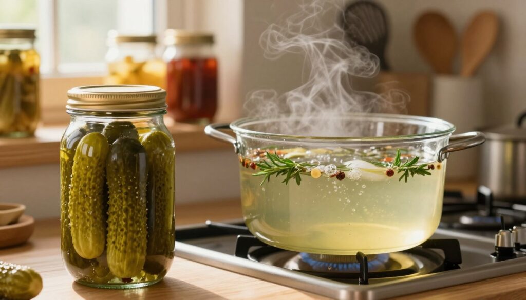 A serene kitchen setting with sunlight streaming through a window, casting a warm glow. In the foreground, a glass jar filled with vibrant green, crisp pickles, neatly arranged and brimming with freshness. The middle of the scene features a pot of bubbling brine on the stove, with herbs and spices visibly floating, creating an inviting aroma. In the background, wooden shelves display jars of assorted preserves and kitchen utensils. The atmosphere is calm and inviting, ideal for home canning. The lighting is soft and golden, giving the scene a nostalgic feel. A close-up perspective emphasizes the details of the pickles and brine, highlighting the process of pasteurization with a focus on achieving ideal crunchiness.
