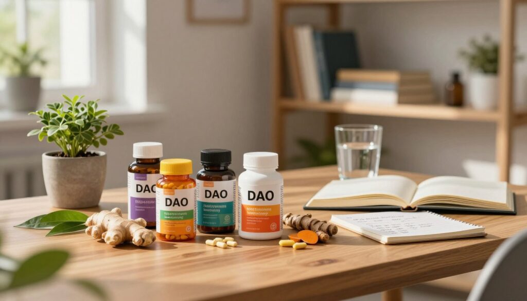 A serene, modern workspace scene featuring various dietary supplements aimed at managing histamine intolerance. In the foreground, a stylish wooden desk showcases an array of colorful supplement bottles, including DAO capsules, surrounded by fresh herbs like ginger and turmeric, symbolizing natural health. The middle ground includes a potted plant and an open notebook with handwritten notes about supplementation strategies. In the background, a soft-focus shelf displays health-related books and a glass of water, evoking a sense of wellness and productivity. The lighting is warm and inviting, with sunlight streaming through a nearby window, casting gentle shadows. The atmosphere is calm and encouraging, perfect for a thoughtful exploration of supportive treatments for histamine intolerance. A serene, modern workspace scene featuring various dietary supplements aimed at managing histamine intolerance. In the foreground, a stylish wooden desk showcases an array of colorful supplement bottles, including DAO capsules, surrounded by fresh herbs like ginger and turmeric, symbolizing natural health. The middle ground includes a potted plant and an open notebook with handwritten notes about supplementation strategies. In the background, a soft-focus shelf displays health-related books and a glass of water, evoking a sense of wellness and productivity. The lighting is warm and inviting, with sunlight streaming through a nearby window, casting gentle shadows. The atmosphere is calm and encouraging, perfect for a thoughtful exploration of supportive treatments for histamine intolerance.