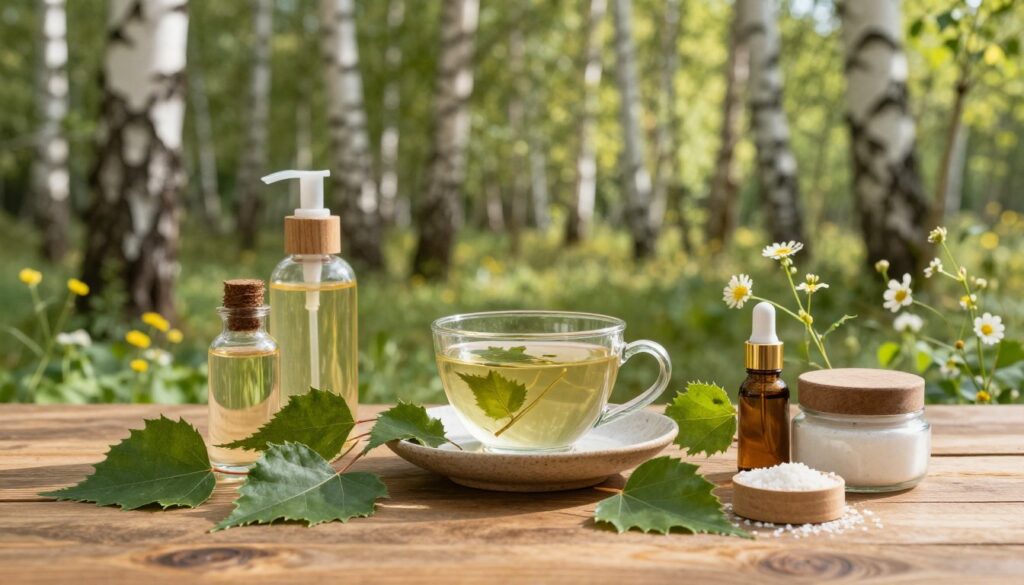 A serene scene of a skincare ritual inspired by betula (birch) leaves, featuring a wooden table in the foreground adorned with various natural ingredients like birch leaf extracts, essential oils, and handmade jars. In the middle, depict a gentle and refreshing herbal tea made from birch leaves within a rustic teacup, surrounded by soft, green foliage and blooming wildflowers that convey the essence of nature. The background should consist of a sun-drenched forest with tall birch trees casting playful shadows, enhancing the tranquil atmosphere. Soft, diffused lighting creates a warm and inviting glow, evoking a sense of serenity and natural beauty. The overall mood is peaceful and rejuvenating, perfect for illustrating natural skincare. A serene scene of a skincare ritual inspired by betula (birch) leaves, featuring a wooden table in the foreground adorned with various natural ingredients like birch leaf extracts, essential oils, and handmade jars. In the middle, depict a gentle and refreshing herbal tea made from birch leaves within a rustic teacup, surrounded by soft, green foliage and blooming wildflowers that convey the essence of nature. The background should consist of a sun-drenched forest with tall birch trees casting playful shadows, enhancing the tranquil atmosphere. Soft, diffused lighting creates a warm and inviting glow, evoking a sense of serenity and natural beauty. The overall mood is peaceful and rejuvenating, perfect for illustrating natural skincare.