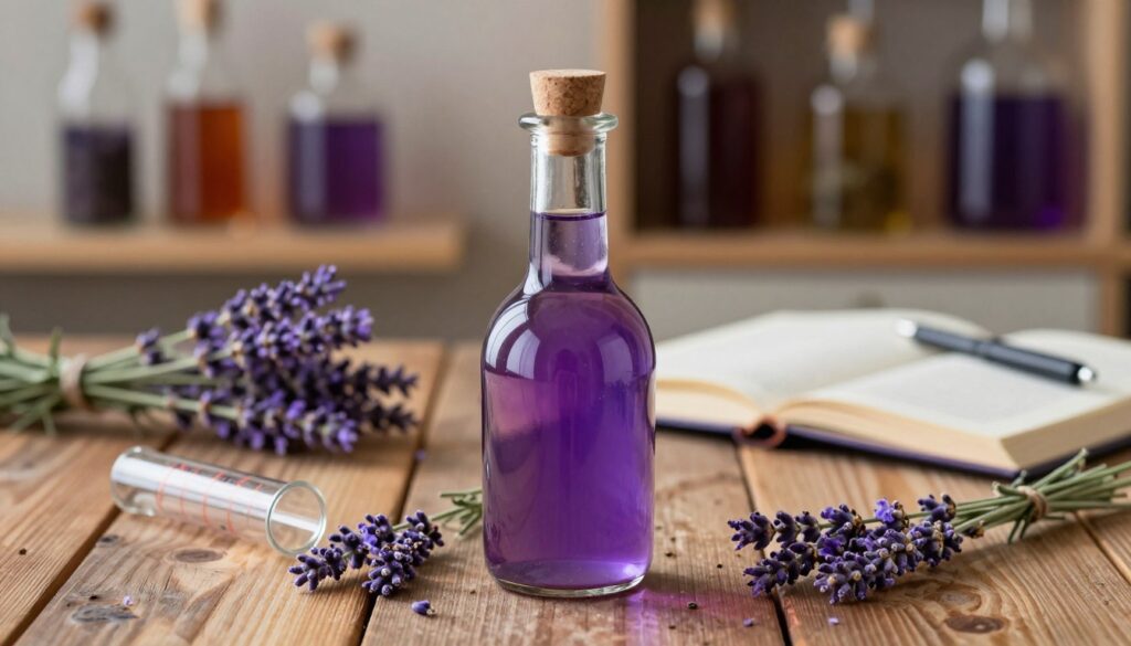 A serene still-life composition capturing the essence of "leżakowanie nalewki." In the foreground, a beautifully crafted glass bottle filled with lavender tincture, rich purple hues illuminated by soft, warm lighting. Surrounding the bottle are sprigs of fresh lavender and delicate glass measuring tools, highlighting the aromatic ingredients. In the middle ground, a rustic wooden table adds warmth, with a journal and writing tools hinting at traditional recipes. The background features blurred shelves lined with various herbal infusions, creating depth and context. The atmosphere is tranquil and inviting, evoking a sense of patience and care in the aging process. The scene is softly lit, enhancing the botanical essence, and captured with a shallow depth of field for a dreamy, artisanal feel.