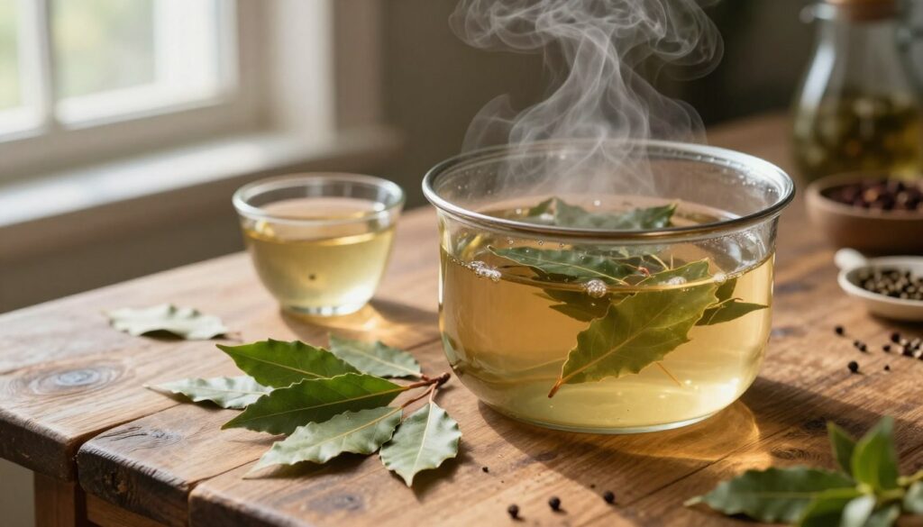A soothing, herbal scene depicting a simmering pot of bay leaf infusion on a rustic wooden table. In the foreground, vibrant green bay leaves are artistically arranged alongside the pot. Steam gently rises from the pot, hinting at the warmth and aroma of the infusion. In the middle ground, a small cup filled with the warm liquid sits beside the pot, allowing viewers to visualize the end product. The background features softly blurred kitchen herbs and spices, enhancing the culinary atmosphere. Natural sunlight filters in through a nearby window, casting soft, warm light across the scene, evoking a cozy, inviting mood. Use a shallow depth of field to focus on the pot and cup, creating a sense of intimacy with the brewing process. A soothing, herbal scene depicting a simmering pot of bay leaf infusion on a rustic wooden table. In the foreground, vibrant green bay leaves are artistically arranged alongside the pot. Steam gently rises from the pot, hinting at the warmth and aroma of the infusion. In the middle ground, a small cup filled with the warm liquid sits beside the pot, allowing viewers to visualize the end product. The background features softly blurred kitchen herbs and spices, enhancing the culinary atmosphere. Natural sunlight filters in through a nearby window, casting soft, warm light across the scene, evoking a cozy, inviting mood. Use a shallow depth of field to focus on the pot and cup, creating a sense of intimacy with the brewing process.