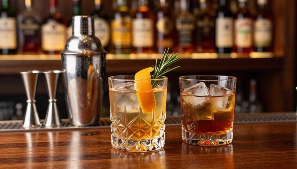 A sophisticated arrangement of whisky cocktails on a polished wooden bar. In the foreground, a crystal glass filled with a golden whisky cocktail garnished with a twist of orange peel and a sprig of rosemary. Beside it, an elegant whisky rocks glass filled with ice and a dark amber drink, glistening in the light. The middle ground features a beautifully crafted cocktail shaker and a jigger, hinting at the artistry of mixology. The background reveals an array of neatly arranged whisky bottles on a dark mahogany shelf, softly lit to create an inviting ambiance. The overall mood is warm and refined, with a focus on the intricate details of the drinks and their presentation, captured with soft, natural lighting to enhance the richness of the colors. A sophisticated arrangement of whisky cocktails on a polished wooden bar. In the foreground, a crystal glass filled with a golden whisky cocktail garnished with a twist of orange peel and a sprig of rosemary. Beside it, an elegant whisky rocks glass filled with ice and a dark amber drink, glistening in the light. The middle ground features a beautifully crafted cocktail shaker and a jigger, hinting at the artistry of mixology. The background reveals an array of neatly arranged whisky bottles on a dark mahogany shelf, softly lit to create an inviting ambiance. The overall mood is warm and refined, with a focus on the intricate details of the drinks and their presentation, captured with soft, natural lighting to enhance the richness of the colors.
