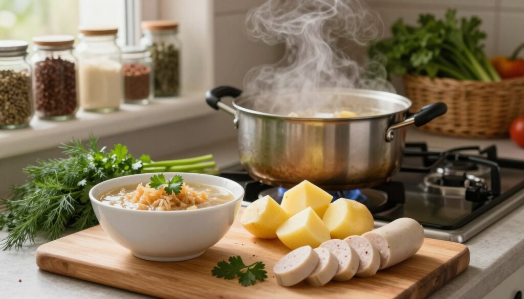 A step-by-step preparation process for żurek, the traditional Polish sour rye soup, displayed in a cozy, rustic kitchen setting. In the foreground, ingredients like a bowl of sour rye starter, diced potatoes, and chopped white sausage are artfully arranged on a wooden cutting board. The middle ground features a pot simmering on a stove, emitting steam, with fresh herbs like dill and parsley scattered around. The background includes shelves stocked with jars of spices and fresh vegetables, bathed in warm, natural light filtering through a window. The atmosphere is inviting and homey, encouraging a sense of culinary warmth and tradition, captured with a slightly soft focus for an intimate feel. A step-by-step preparation process for żurek, the traditional Polish sour rye soup, displayed in a cozy, rustic kitchen setting. In the foreground, ingredients like a bowl of sour rye starter, diced potatoes, and chopped white sausage are artfully arranged on a wooden cutting board. The middle ground features a pot simmering on a stove, emitting steam, with fresh herbs like dill and parsley scattered around. The background includes shelves stocked with jars of spices and fresh vegetables, bathed in warm, natural light filtering through a window. The atmosphere is inviting and homey, encouraging a sense of culinary warmth and tradition, captured with a slightly soft focus for an intimate feel.