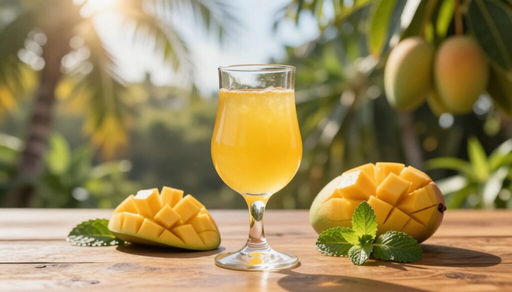A stunning visualization of "kolor nalewka mango," showcasing a clear, golden-yellow mango liqueur in a sleek, elegantly curved glass. In the foreground, the glass glimmers in the soft, warm light, highlighting the transparency of the drink. Surrounding the glass, fresh mango slices and vibrant green mint leaves create a refreshing contrast. The middle ground features a blurred backdrop of exotic mango trees under a sunny sky, conveying a tropical atmosphere. Soft beams of sunlight filter through the leaves, casting gentle reflections on the surface of a polished wooden table. The mood is inviting and bright, evoking a sense of summer and relaxation, perfect for illustrating the essence of a clear and vibrant mango liqueur. A stunning visualization of "kolor nalewka mango," showcasing a clear, golden-yellow mango liqueur in a sleek, elegantly curved glass. In the foreground, the glass glimmers in the soft, warm light, highlighting the transparency of the drink. Surrounding the glass, fresh mango slices and vibrant green mint leaves create a refreshing contrast. The middle ground features a blurred backdrop of exotic mango trees under a sunny sky, conveying a tropical atmosphere. Soft beams of sunlight filter through the leaves, casting gentle reflections on the surface of a polished wooden table. The mood is inviting and bright, evoking a sense of summer and relaxation, perfect for illustrating the essence of a clear and vibrant mango liqueur.