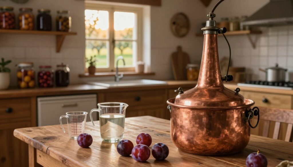 A traditional plum distillation setup in a rustic home environment. In the foreground, a copper pot still is seen, gleaming under warm, soft lighting, with plump, ripe plums scattered nearby. In the middle, a wooden table hosts various distillation tools, like measuring cups and a glass container filling with clear liquid. The background features an inviting kitchen with wooden cabinets, shelves lined with jars of preserved fruits, and a window showing a scenic view of an orchard bathed in golden sunlight. The atmosphere is warm and nostalgic, evoking the charm of home-made spirits. The focus should be on the distillation process, showcasing the essence of traditional craftsmanship. The scene captures a sense of heritage, comfort, and passion for distilling. A traditional plum distillation setup in a rustic home environment. In the foreground, a copper pot still is seen, gleaming under warm, soft lighting, with plump, ripe plums scattered nearby. In the middle, a wooden table hosts various distillation tools, like measuring cups and a glass container filling with clear liquid. The background features an inviting kitchen with wooden cabinets, shelves lined with jars of preserved fruits, and a window showing a scenic view of an orchard bathed in golden sunlight. The atmosphere is warm and nostalgic, evoking the charm of home-made spirits. The focus should be on the distillation process, showcasing the essence of traditional craftsmanship. The scene captures a sense of heritage, comfort, and passion for distilling.