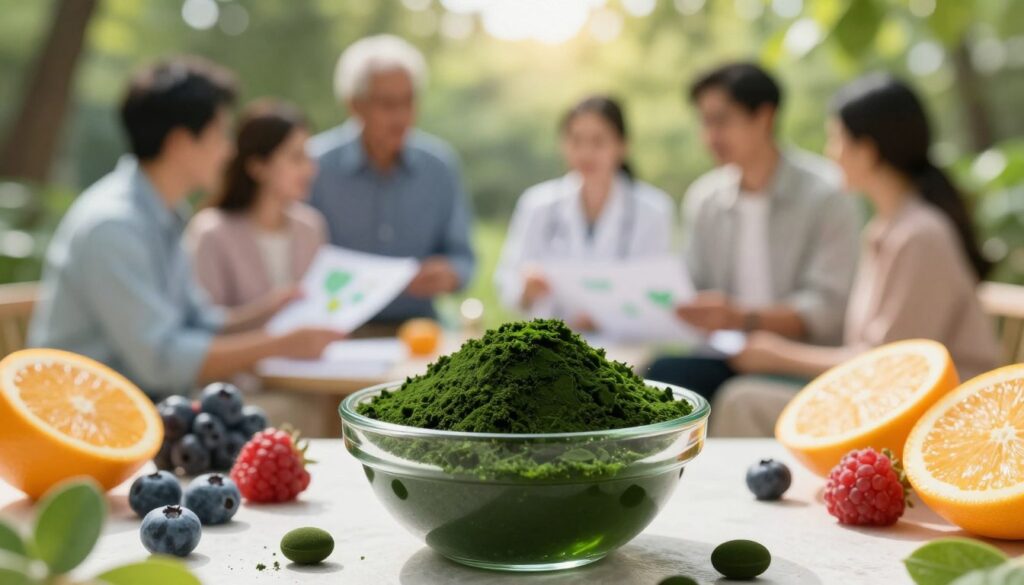 A tranquil health-focused scene emphasizing the role of spirulina in cardiovascular disease prevention. In the foreground, a vibrant bowl filled with fresh spirulina supplements, surrounded by colorful fruits like berries and citrus, showcasing their antioxidant properties. In the middle ground, a diverse group of professionals in modest casual attire, discussing heart health and holding charts, reflecting a collaborative effort towards wellness. Background elements include soft greenery, symbolizing nature and vitality, with gentle sunlight filtering through trees, creating a warm and inviting atmosphere. Use a soft focus lens effect to enhance the serene mood, with a bright color palette to evoke a sense of hope and health. A tranquil health-focused scene emphasizing the role of spirulina in cardiovascular disease prevention. In the foreground, a vibrant bowl filled with fresh spirulina supplements, surrounded by colorful fruits like berries and citrus, showcasing their antioxidant properties. In the middle ground, a diverse group of professionals in modest casual attire, discussing heart health and holding charts, reflecting a collaborative effort towards wellness. Background elements include soft greenery, symbolizing nature and vitality, with gentle sunlight filtering through trees, creating a warm and inviting atmosphere. Use a soft focus lens effect to enhance the serene mood, with a bright color palette to evoke a sense of hope and health.