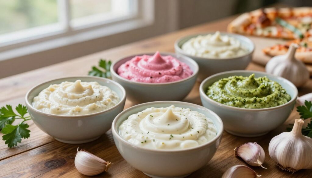A variety of garlic sauce options displayed artistically on a rustic wooden table, showcasing small bowls filled with different types of creamy garlic sauces designed for pizza and other dishes. In the foreground, highlight a smooth, white garlic sauce drizzled with herbs and surrounded by fresh garlic cloves and sprigs of parsley. In the middle, feature bowls with variations such as a pink garlic aioli, and a green herb-infused sauce, each with a unique texture and color. The background includes soft, natural light filtering through a nearby window, creating a warm and inviting atmosphere, with blurred pizza slices partially visible, hinting at their delicious pairing. Focus on a close angle to emphasize the creamy textures and vivid colors of the sauces, evoking a sense of flavor and culinary creativity. A variety of garlic sauce options displayed artistically on a rustic wooden table, showcasing small bowls filled with different types of creamy garlic sauces designed for pizza and other dishes. In the foreground, highlight a smooth, white garlic sauce drizzled with herbs and surrounded by fresh garlic cloves and sprigs of parsley. In the middle, feature bowls with variations such as a pink garlic aioli, and a green herb-infused sauce, each with a unique texture and color. The background includes soft, natural light filtering through a nearby window, creating a warm and inviting atmosphere, with blurred pizza slices partially visible, hinting at their delicious pairing. Focus on a close angle to emphasize the creamy textures and vivid colors of the sauces, evoking a sense of flavor and culinary creativity.