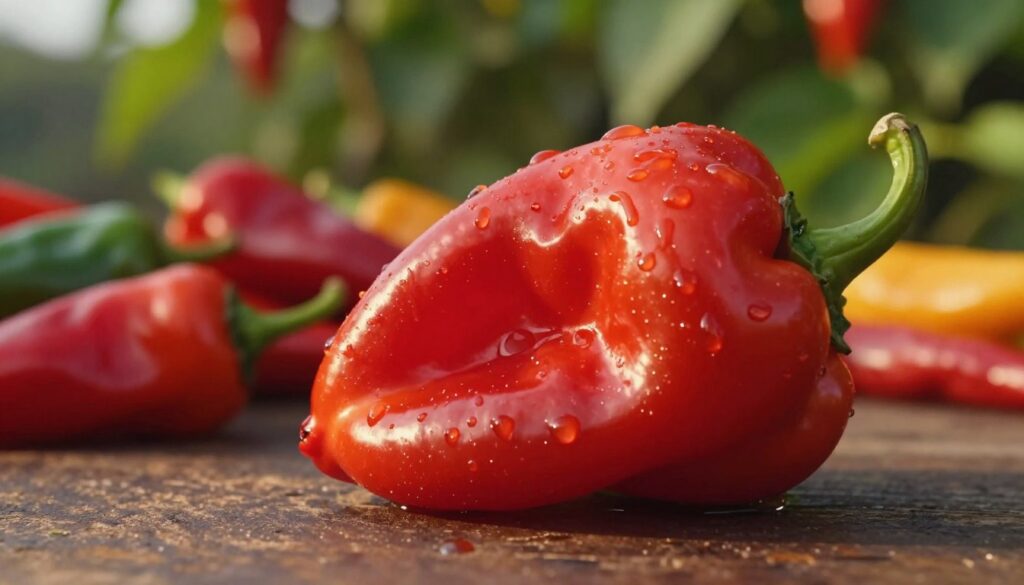 A vibrant Trinidad Scorpion Butch pepper displayed prominently in the foreground, showcasing its unique, wrinkled texture and fiery red color. The pepper should be glistening, as if freshly picked, with droplets of water to suggest freshness. In the middle ground, a soft-focus arrangement of assorted chili peppers can be seen, hinting at the diversity of pepper varieties. The background features a blurred garden setting with green foliage that creates a natural atmosphere, emphasizing the pepper's origin. The lighting should be warm and natural, simulating golden hour sunlight, casting soft shadows and highlighting the pepper's contours. The overall mood is one of intensity and intrigue, reflecting the reputation of the Trinidad Scorpion Butch as one of the hottest peppers in the world. A vibrant Trinidad Scorpion Butch pepper displayed prominently in the foreground, showcasing its unique, wrinkled texture and fiery red color. The pepper should be glistening, as if freshly picked, with droplets of water to suggest freshness. In the middle ground, a soft-focus arrangement of assorted chili peppers can be seen, hinting at the diversity of pepper varieties. The background features a blurred garden setting with green foliage that creates a natural atmosphere, emphasizing the pepper's origin. The lighting should be warm and natural, simulating golden hour sunlight, casting soft shadows and highlighting the pepper's contours. The overall mood is one of intensity and intrigue, reflecting the reputation of the Trinidad Scorpion Butch as one of the hottest peppers in the world.