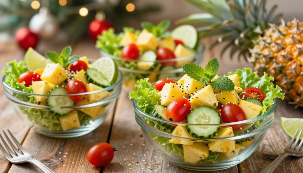 A vibrant and appetizing arrangement of pineapple salad, artfully displayed on a rustic wooden table. In the foreground, a large transparent glass bowl filled with a colorful mix of fresh ingredients: juicy pineapple chunks, crisp cucumber slices, bright cherry tomatoes, and vibrant green lettuce. Sprigs of mint add a fresh touch on top. In the middle ground, individual serving bowls with portions of the salad, each garnished with a sprinkle of sesame seeds and lime wedges. The background features softly blurred festive decorations, hinting at a joyful celebration atmosphere. The lighting is warm and inviting, capturing the freshness of the ingredients with a soft focus. The overall mood is cheerful and inviting, perfect for a party setting.