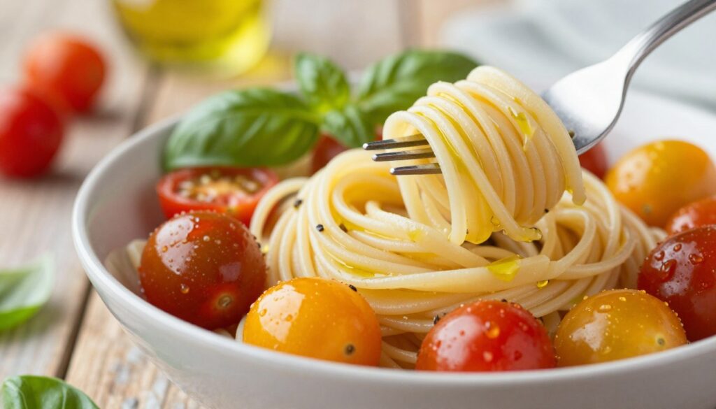 A vibrant and appetizing close-up of a bowl of pasta with cherry tomatoes, artfully arranged. The foreground features glossy cherry tomatoes in various shades of red and yellow, glistening with olive oil, alongside al dente pasta twirled elegantly on a fork. The middle showcases scattered fresh basil leaves, adding a touch of green, while in the background, a rustic wooden table is subtly blurred. Soft, natural lighting illuminates the scene, creating a warm, inviting atmosphere, reminiscent of a sunny Mediterranean kitchen. Capture the essence of a quick, healthy meal with an emphasis on freshness and simplicity. The overall mood should evoke a sense of comfort and culinary delight, perfect for a leisurely lunch or dinner.
