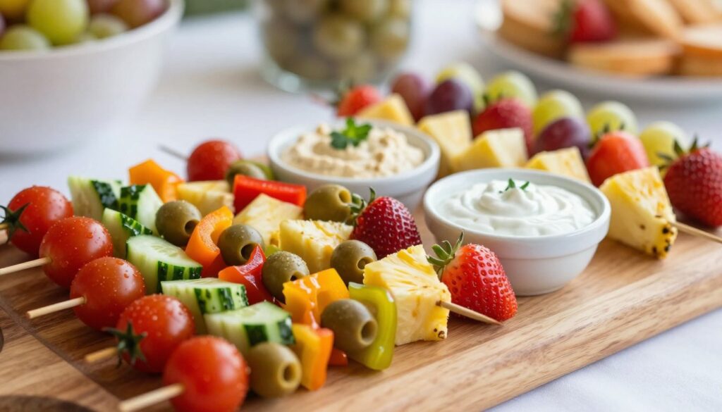 A vibrant and appetizing display of vegetarian and fruit skewers arranged elegantly on a wooden serving platter. In the foreground, colorful skewers feature a variety of fresh vegetables such as cherry tomatoes, cucumber slices, bell pepper chunks, and olives, alongside sweet fruits like pineapple chunks, strawberries, and grapes. The middle ground showcases a few elegantly drizzled dips, like hummus and yogurt sauce, complementing the skewers. The background is softly blurred, hinting at a festive buffet setting with a warm, inviting ambiance. The lighting is natural and bright, enhancing the freshness of the ingredients, while a shallow depth of field focuses attention on the skewers. The overall mood is cheerful and inviting, perfect for a celebration.