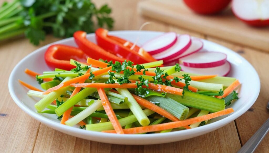 A vibrant and colorful plate of "surówka pora," a crunchy leek salad, placed on a wooden table. In the foreground, fresh, finely sliced leeks mixed with shredded carrots and a sprinkle of chopped parsley, glistening with a light dressing. The middle layer features additional colorful vegetables like red bell peppers and radishes, adding texture and flavor. Soft, natural lighting illuminates the scene, creating a fresh and appetizing atmosphere. In the background, a rustic kitchen setting with hints of green herbs and a wooden cutting board. The composition is inviting and warm, reflecting the essence of a healthy, flavorful side dish that enhances any meal. A vibrant and colorful plate of "surówka pora," a crunchy leek salad, placed on a wooden table. In the foreground, fresh, finely sliced leeks mixed with shredded carrots and a sprinkle of chopped parsley, glistening with a light dressing. The middle layer features additional colorful vegetables like red bell peppers and radishes, adding texture and flavor. Soft, natural lighting illuminates the scene, creating a fresh and appetizing atmosphere. In the background, a rustic kitchen setting with hints of green herbs and a wooden cutting board. The composition is inviting and warm, reflecting the essence of a healthy, flavorful side dish that enhances any meal.