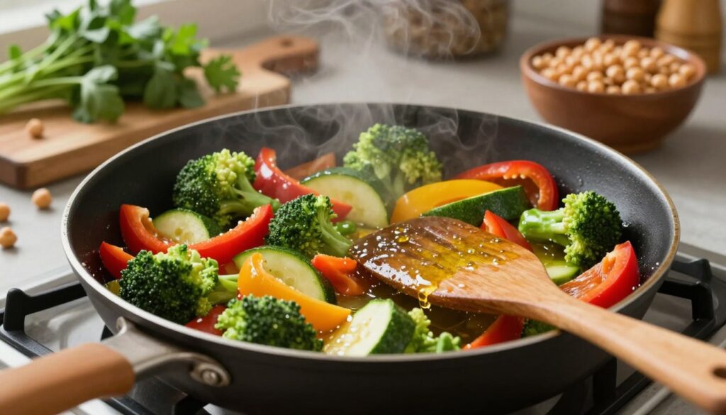 A vibrant and colorful skillet overflowing with a mix of fresh vegetables, such as bell peppers, zucchini, and broccoli, sizzling in a little olive oil. In the foreground, a wooden spatula rests beside the skillet, hinting at the cooking process. The middle layer showcases the cooked vegetables glistening under warm, soft lighting, emphasizing their rich textures and colors. In the background, a rustic kitchen counter adorned with herbs, a cutting board, and a bowl of protein-packed ingredients like chickpeas and lentils suggests the theme of healthy cooking. The atmosphere is lively and inviting, capturing the essence of a bustling kitchen with an enticing aroma wafting through the air. The image is captured at a slight downward angle to highlight the delicious medley of colors and textures. A vibrant and colorful skillet overflowing with a mix of fresh vegetables, such as bell peppers, zucchini, and broccoli, sizzling in a little olive oil. In the foreground, a wooden spatula rests beside the skillet, hinting at the cooking process. The middle layer showcases the cooked vegetables glistening under warm, soft lighting, emphasizing their rich textures and colors. In the background, a rustic kitchen counter adorned with herbs, a cutting board, and a bowl of protein-packed ingredients like chickpeas and lentils suggests the theme of healthy cooking. The atmosphere is lively and inviting, capturing the essence of a bustling kitchen with an enticing aroma wafting through the air. The image is captured at a slight downward angle to highlight the delicious medley of colors and textures.