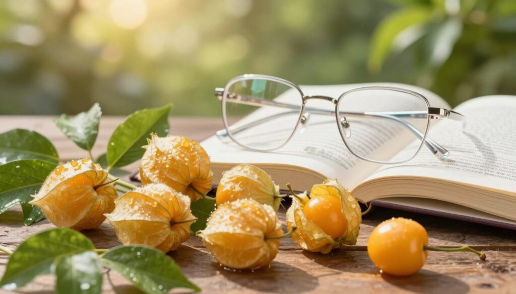 A vibrant and detailed arrangement showcasing the health benefits of "miechunka" (physalis) fruit for eye and bone health. In the foreground, feature a cluster of ripe, golden miechunka fruits, glistening with dew, surrounded by lush green leaves. The middle ground should include a pair of elegant, crystal-clear glasses emphasizing eye health, alongside an open book detailing the nutritional properties of the fruit. In the background, softly blurred outlines of a serene, sunlit outdoor environment to evoke a sense of well-being and natural vitality. Use warm, inviting lighting to enhance the richness of colors, captured with a slight depth of field effect to create focus on the fruits and glasses. The atmosphere should feel fresh, healthy, and optimistic, reflecting a strong connection to eye and bone wellness. A vibrant and detailed arrangement showcasing the health benefits of "miechunka" (physalis) fruit for eye and bone health. In the foreground, feature a cluster of ripe, golden miechunka fruits, glistening with dew, surrounded by lush green leaves. The middle ground should include a pair of elegant, crystal-clear glasses emphasizing eye health, alongside an open book detailing the nutritional properties of the fruit. In the background, softly blurred outlines of a serene, sunlit outdoor environment to evoke a sense of well-being and natural vitality. Use warm, inviting lighting to enhance the richness of colors, captured with a slight depth of field effect to create focus on the fruits and glasses. The atmosphere should feel fresh, healthy, and optimistic, reflecting a strong connection to eye and bone wellness.