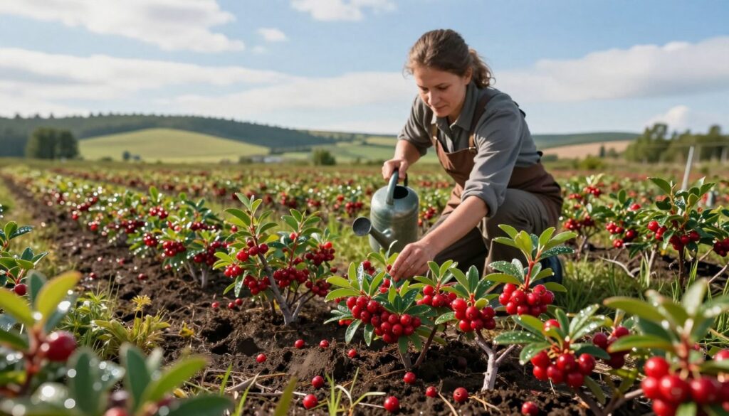 A vibrant and detailed scene of cranberry cultivation in Poland, showcasing a lush cranberry bog. In the foreground, healthy cranberry plants adorned with bright red berries are nestled in rich, dark soil, with droplets of water glistening on the leaves from recent watering. In the middle ground, a skilled gardener dressed in professional, modest attire is gently tending to the plants, using a watering can, focusing on nurturing the crops. The background features a picturesque landscape of rolling hills and a serene blue sky, with soft, diffused sunlight creating a warm and inviting atmosphere. The overall mood is tranquil and nurturing, reflecting the key principles of caring for cranberry plants.