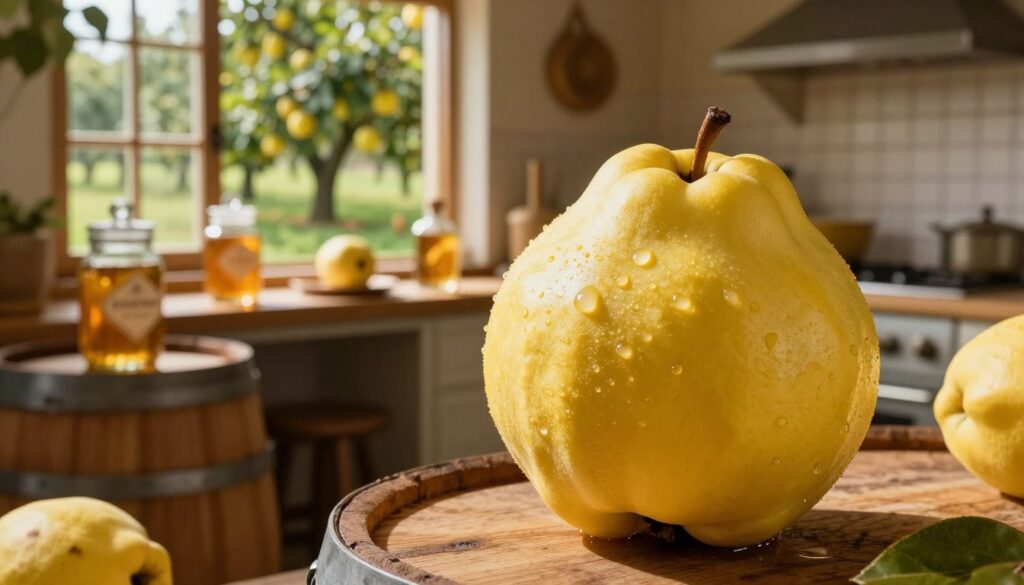 A vibrant and detailed scene showcasing a "pigwowiec," a quince fruit, prominently displayed in the foreground. The quince is beautifully illuminated, revealing its golden-yellow skin with soft, velvety texture and a few droplets of fresh dew. Surround the fruit with rustic wooden barrels and elegant glass jars filled with homemade quince spirit, showcasing the artisanal process of distillation. In the middle ground, there's a cozy kitchen setting with warm, natural light streaming through a window, casting gentle shadows. In the background, a lush orchard of quince trees is visible, highlighted by a serene, sunlit atmosphere, evoking a sense of intimacy and traditional craftsmanship. The overall mood is inviting and nostalgic, perfect for capturing the essence of quince and its transformation into a delightful spirit.
