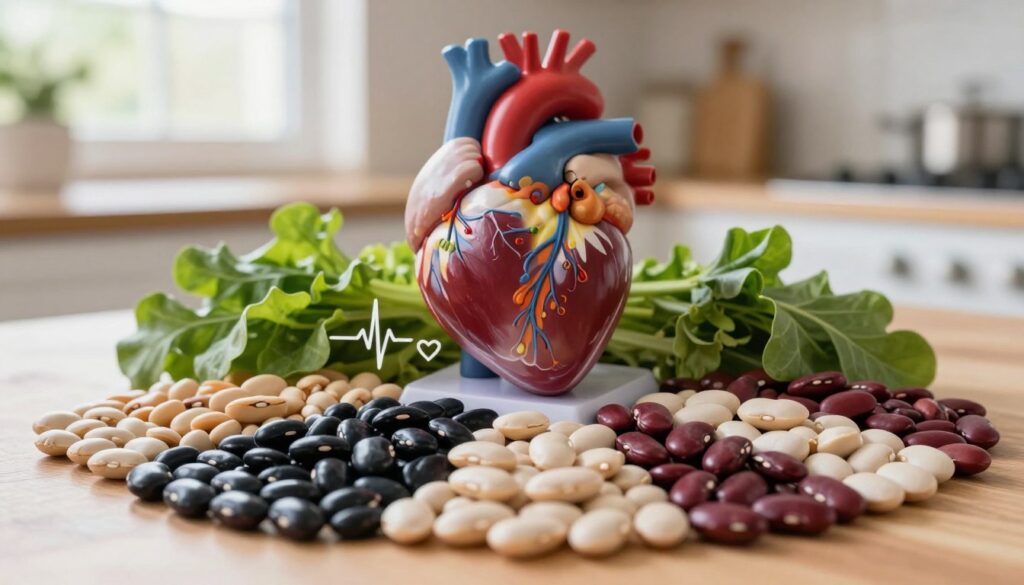 A vibrant and informative composition showcasing the health impact of beans on the cardiovascular system. In the foreground, a variety of beans—kidney, black, and pinto—are artfully arranged, reflecting their colors and textures. In the middle ground, an anatomical heart model, surrounded by green leafy vegetables, symbolizes heart health. Incorporate subtle visual elements like a heartbeat line or heart symbols to indicate vitality. The background features a soft-focus kitchen setting with natural light filtering through a window, creating a warm and inviting atmosphere. The scene should evoke a sense of wellness and nutrition, emphasizing the importance of beans in a heart-healthy diet. Use a close-up angle for detail while maintaining clarity of the overall composition. A vibrant and informative composition showcasing the health impact of beans on the cardiovascular system. In the foreground, a variety of beans—kidney, black, and pinto—are artfully arranged, reflecting their colors and textures. In the middle ground, an anatomical heart model, surrounded by green leafy vegetables, symbolizes heart health. Incorporate subtle visual elements like a heartbeat line or heart symbols to indicate vitality. The background features a soft-focus kitchen setting with natural light filtering through a window, creating a warm and inviting atmosphere. The scene should evoke a sense of wellness and nutrition, emphasizing the importance of beans in a heart-healthy diet. Use a close-up angle for detail while maintaining clarity of the overall composition.