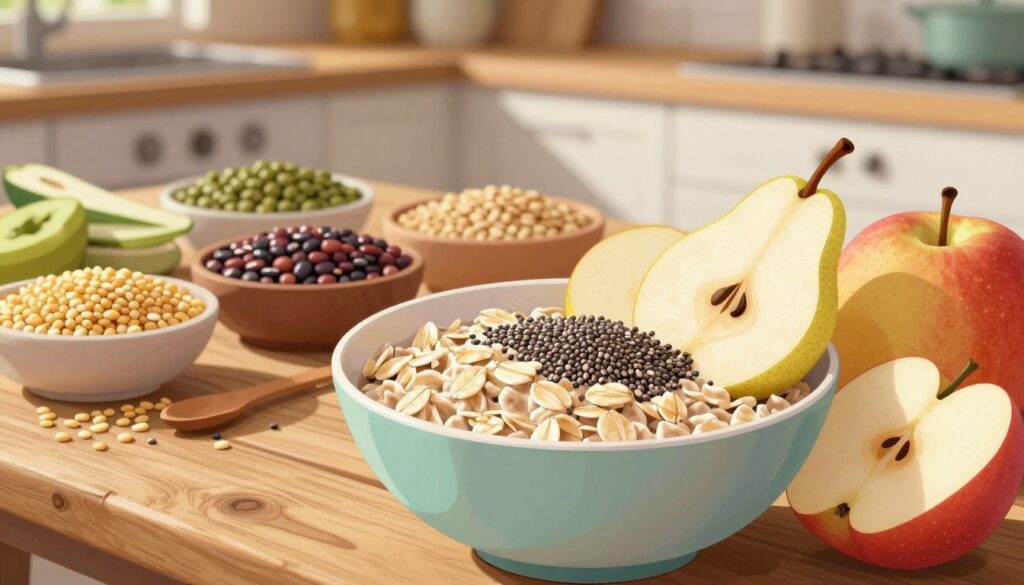 A vibrant and informative illustration depicting soluble fiber in its natural form, featuring a rich assortment of whole foods known for their high soluble fiber content. In the foreground, showcase a colorful bowl filled with oatmeal, chia seeds, and sliced fruits such as pears and apples, arranged artistically to highlight their textures. In the middle ground, include a rustic wooden table with various whole grains, legumes, and vegetables, emphasizing their contribution to a healthy diet. The background should be softly blurred, hinting at a cozy kitchen setting with warm lighting that creates an inviting atmosphere. The overall mood is educational and wholesome, perfect for enhancing the understanding of soluble fiber's role in nutrition. Use natural sunlight to illuminate the scene, creating a bright and appealing visual. A vibrant and informative illustration depicting soluble fiber in its natural form, featuring a rich assortment of whole foods known for their high soluble fiber content. In the foreground, showcase a colorful bowl filled with oatmeal, chia seeds, and sliced fruits such as pears and apples, arranged artistically to highlight their textures. In the middle ground, include a rustic wooden table with various whole grains, legumes, and vegetables, emphasizing their contribution to a healthy diet. The background should be softly blurred, hinting at a cozy kitchen setting with warm lighting that creates an inviting atmosphere. The overall mood is educational and wholesome, perfect for enhancing the understanding of soluble fiber's role in nutrition. Use natural sunlight to illuminate the scene, creating a bright and appealing visual.