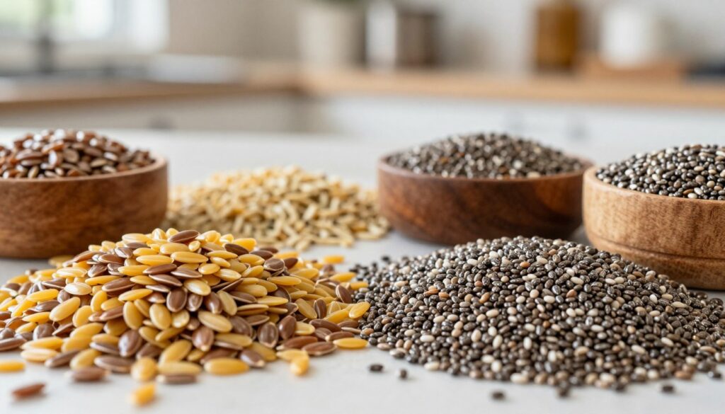 A vibrant and informative scene comparing flax seeds and chia seeds. In the foreground, a close-up arrangement of golden and brown flax seeds on one side, and black and white chia seeds on the other, with small wooden bowls for each type. The middle ground features a split display showcasing the textures of both seeds, emphasizing their nutritional benefits. In the background, a softly blurred kitchen countertop with natural light illuminating the scene, highlighting the earthy colors of the seeds. The atmosphere is warm and inviting, suggesting a connection to healthy eating. Use a shallow depth of field to keep focus on the seeds while creating an appealing bokeh effect around them. A vibrant and informative scene comparing flax seeds and chia seeds. In the foreground, a close-up arrangement of golden and brown flax seeds on one side, and black and white chia seeds on the other, with small wooden bowls for each type. The middle ground features a split display showcasing the textures of both seeds, emphasizing their nutritional benefits. In the background, a softly blurred kitchen countertop with natural light illuminating the scene, highlighting the earthy colors of the seeds. The atmosphere is warm and inviting, suggesting a connection to healthy eating. Use a shallow depth of field to keep focus on the seeds while creating an appealing bokeh effect around them.
