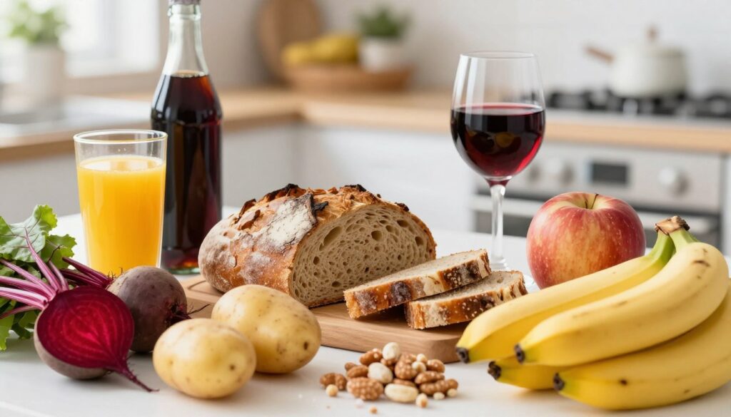 A vibrant and informative still life composition focused on foods and drinks that can elevate blood pressure, excluding coffee. In the foreground, showcase a colorful array of ingredients: rich red beets, pale potatoes, salted nuts, and ripe bananas. Surround these with a selection of vibrant beverages like a glass of orange juice and red wine, contrasting with a bottle of soda. In the middle, integrate a stylishly laid-out artisanal bread, creatively sliced to show texture. The background features a softly blurred kitchen setting with natural light streaming in, hinting at healthy living. The composition conveys a mood of vitality and health awareness, inviting viewers to consider their dietary choices. Use a shallow depth of field to focus on the foreground ingredients while softly blurring the background for depth. A vibrant and informative still life composition focused on foods and drinks that can elevate blood pressure, excluding coffee. In the foreground, showcase a colorful array of ingredients: rich red beets, pale potatoes, salted nuts, and ripe bananas. Surround these with a selection of vibrant beverages like a glass of orange juice and red wine, contrasting with a bottle of soda. In the middle, integrate a stylishly laid-out artisanal bread, creatively sliced to show texture. The background features a softly blurred kitchen setting with natural light streaming in, hinting at healthy living. The composition conveys a mood of vitality and health awareness, inviting viewers to consider their dietary choices. Use a shallow depth of field to focus on the foreground ingredients while softly blurring the background for depth.