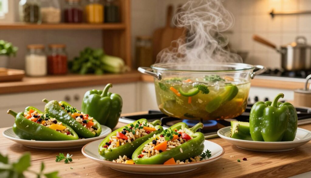 A vibrant and inviting kitchen scene featuring a delicious array of warming dishes made with green bell peppers. In the foreground, a beautifully arranged plate showcases stuffed green peppers filled with rice, vegetables, and savory spices, garnished with fresh herbs. In the middle, a bubbling pot of green pepper soup simmering on the stove, with steam rising gracefully. The background reveals a cozy kitchen setting, complete with rustic wooden shelves filled with jars of spices and vegetables, warm ambient lighting casting a golden hue across the scene. The mood is homely and comforting, perfect for a hearty family meal on a chilly day. Capture the texture and richness of the ingredients, with a shallow depth of field to focus on the main dishes. A vibrant and inviting kitchen scene featuring a delicious array of warming dishes made with green bell peppers. In the foreground, a beautifully arranged plate showcases stuffed green peppers filled with rice, vegetables, and savory spices, garnished with fresh herbs. In the middle, a bubbling pot of green pepper soup simmering on the stove, with steam rising gracefully. The background reveals a cozy kitchen setting, complete with rustic wooden shelves filled with jars of spices and vegetables, warm ambient lighting casting a golden hue across the scene. The mood is homely and comforting, perfect for a hearty family meal on a chilly day. Capture the texture and richness of the ingredients, with a shallow depth of field to focus on the main dishes.